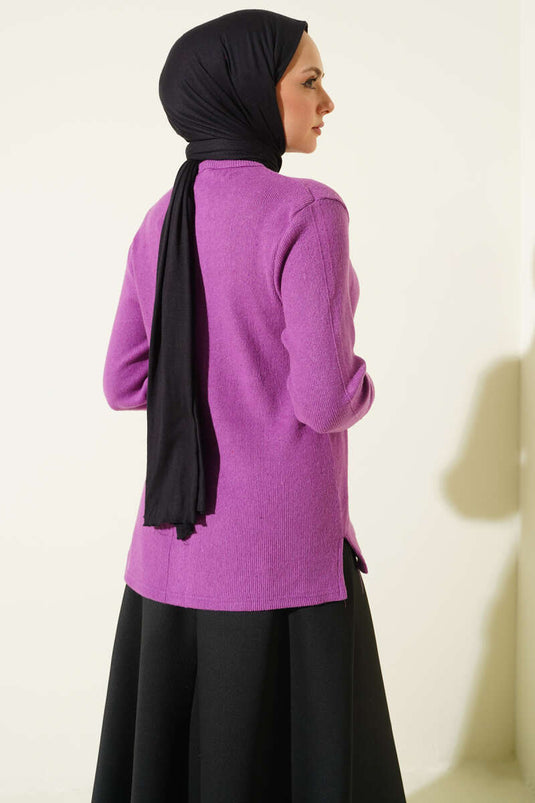 Crew Neck Ribbed Blouse Violet