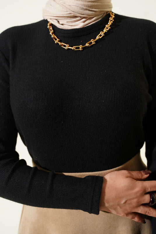 Crew Neck Ribbed Blouse Black