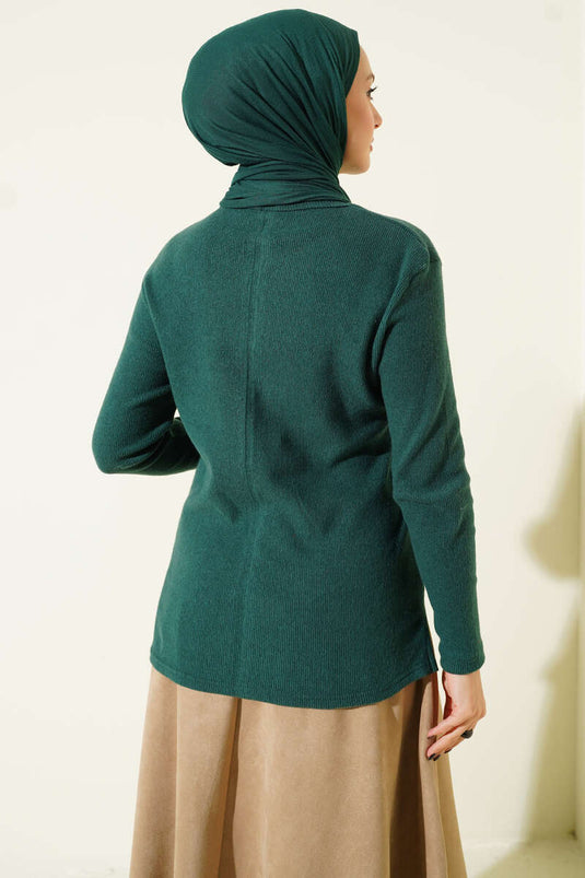Crew Neck Ribbed Blouse Emerald