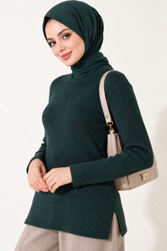 Emerald Ribbed Crew Neck Blouse