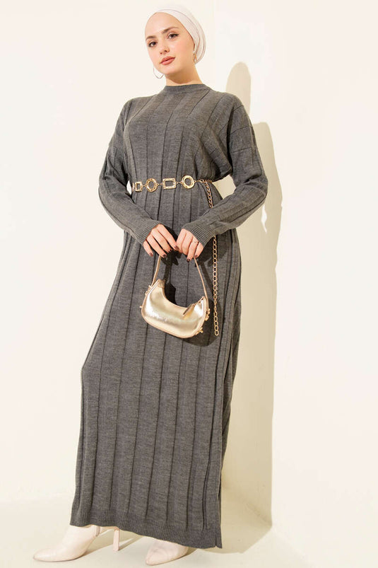 فستان محبوك مضلع برقبة دائرية، لون أنثراسيت