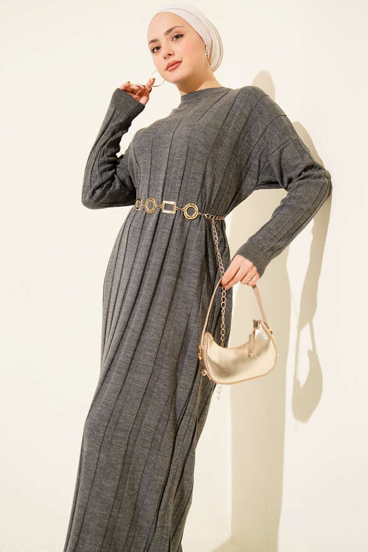 فستان محبوك مضلع برقبة دائرية، لون أنثراسيت