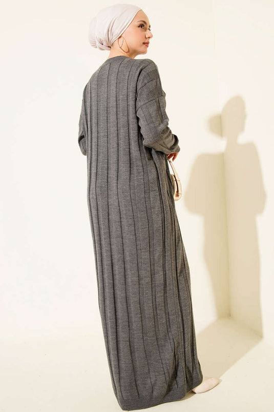 فستان محبوك مضلع برقبة دائرية، لون أنثراسيت