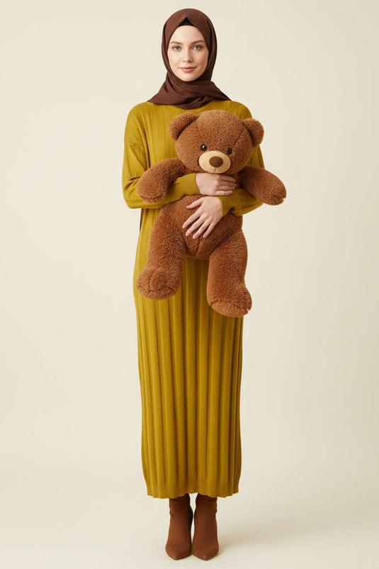 Crew Neck Ribbed Knit Dress Olive Green