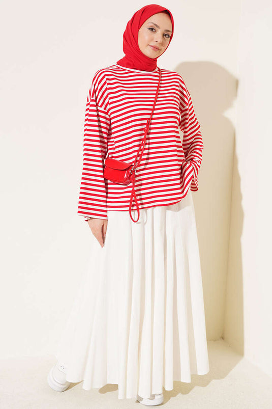 Blusa Rossa A Righe Con Collo Giro E Maniche Larghe