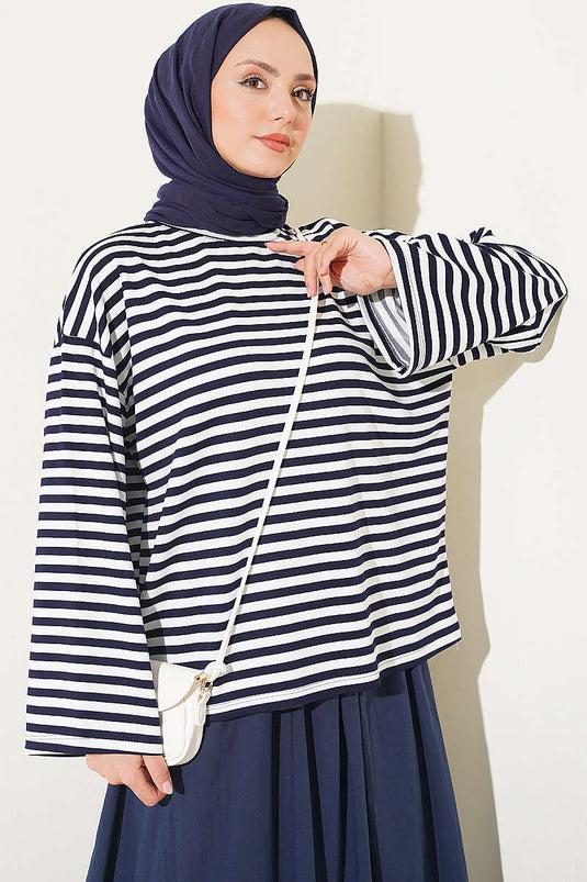 Blusa A Righe Con Collo Giro E Maniche Larghe Blu Navy