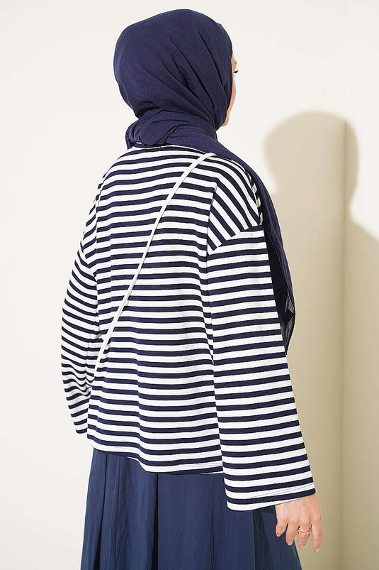 Blusa A Righe Con Collo Giro E Maniche Larghe Blu Navy
