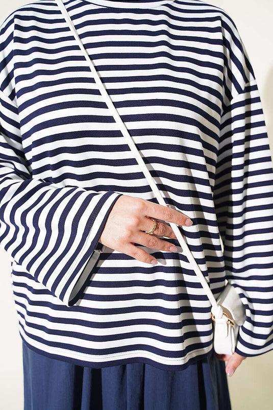 Blusa A Righe Con Collo Giro E Maniche Larghe Blu Navy