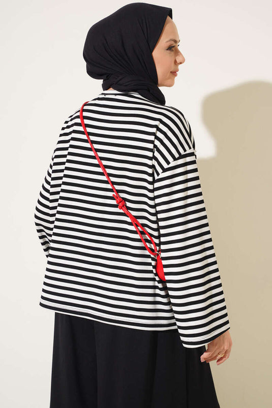 Zwarte Gestreepte Blouse Met Brede Mouwen En Ronde Hals