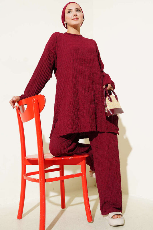 Crew Neck Seersucker Two Piece Suit Burgundy