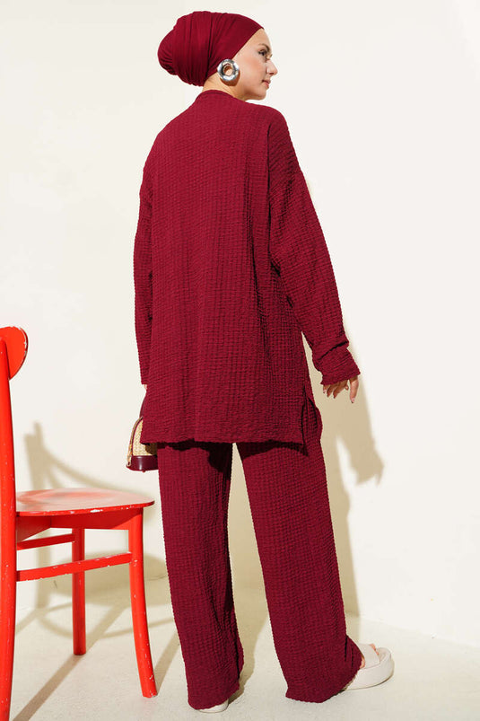 Crew Neck Seersucker Two Piece Suit Burgundy