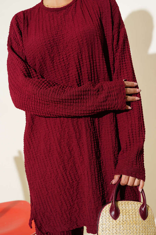 Crew Neck Seersucker Two Piece Suit Burgundy