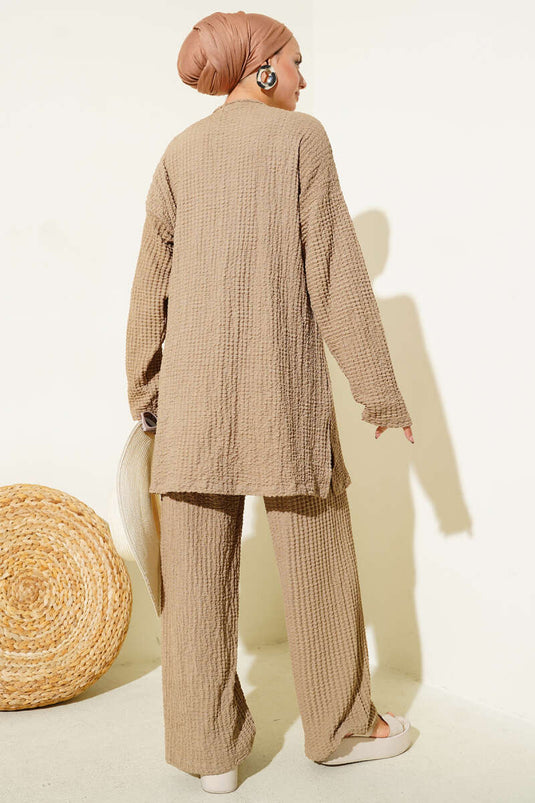 Crew Neck Seersucker Two Piece Suit Camel