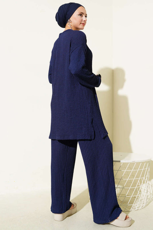 Zweiteiliger Seersucker-Anzug mit Rundhalsausschnitt, Marineblau