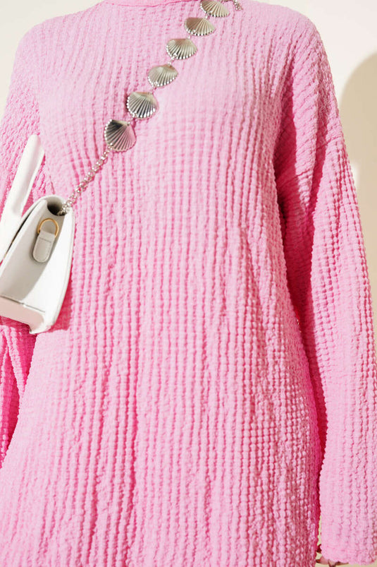 بدلة سيرساكر من قطعتين برقبة دائرية وردية