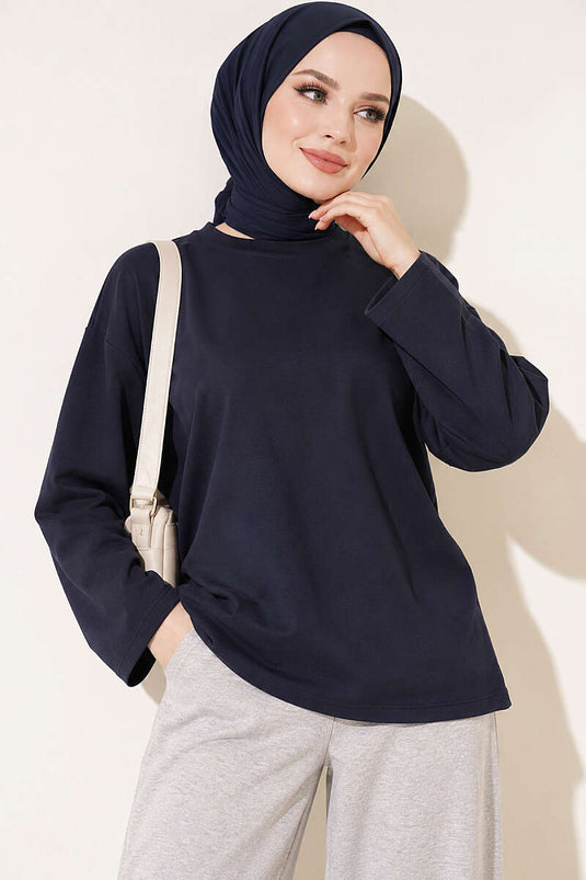 Tunique À Col Rond Double Laine Bleu Marine