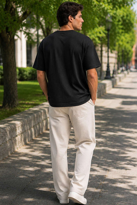 Bisiklet Yaka İnce Çizgili Erkek T-shirt Siyah
