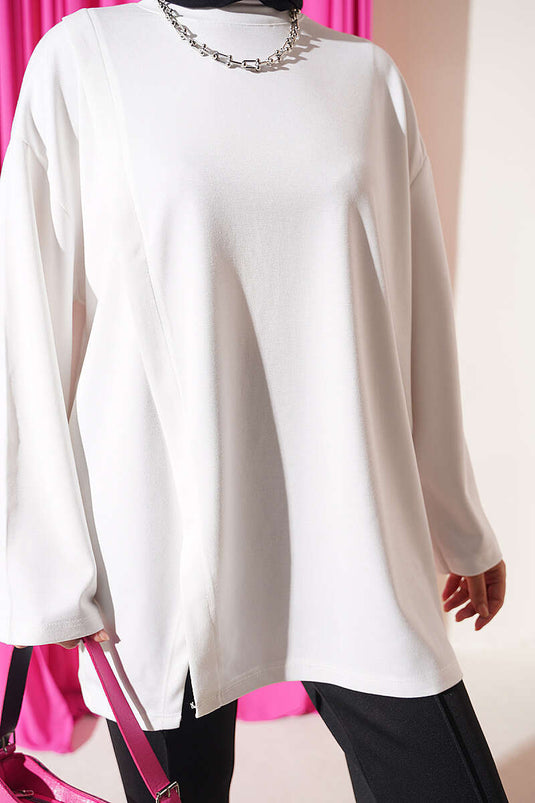 Beige Rundhals Tunika Mit Krawatten-Detail
