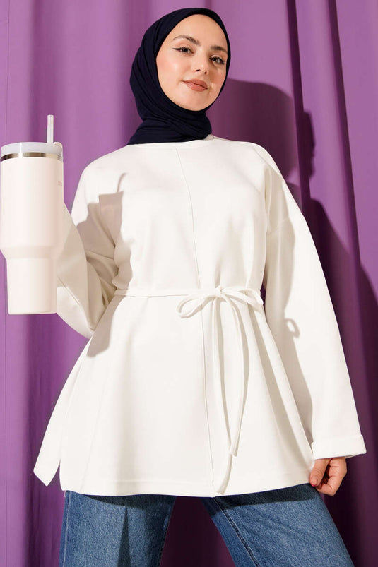 تونيك برقبة دائرية وحزام برباط، لون بيج فاتح