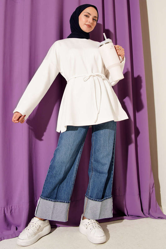 تونيك برقبة دائرية وحزام برباط، لون بيج فاتح