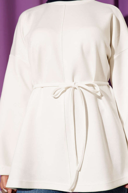 تونيك برقبة دائرية وحزام برباط، لون بيج فاتح