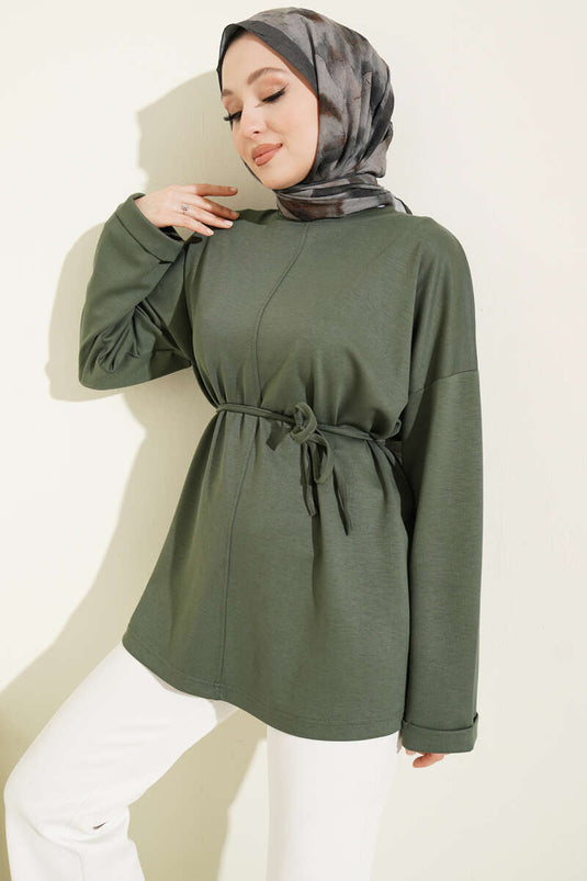 Tunika mit Rundhalsausschnitt und Gürtel in Khaki