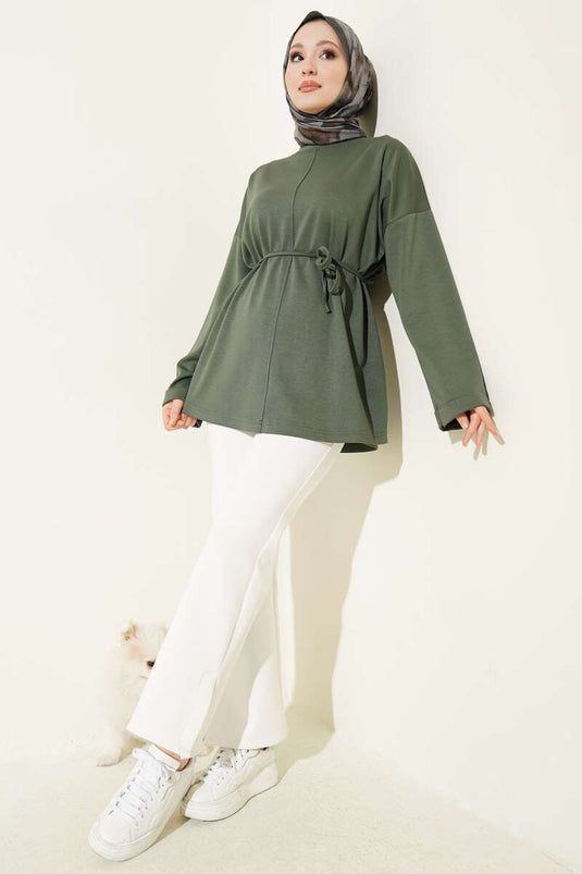 Tunika mit Rundhalsausschnitt und Gürtel in Khaki