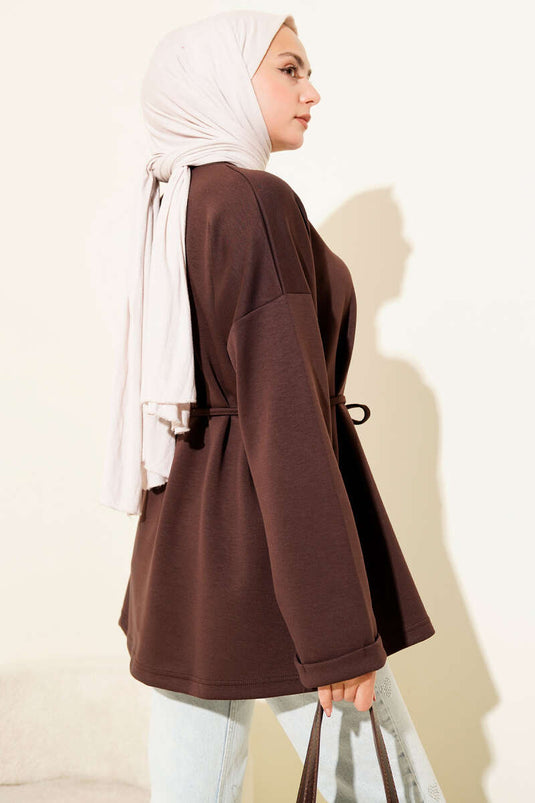 Tunique à col ras du cou et ceinture en corde marron