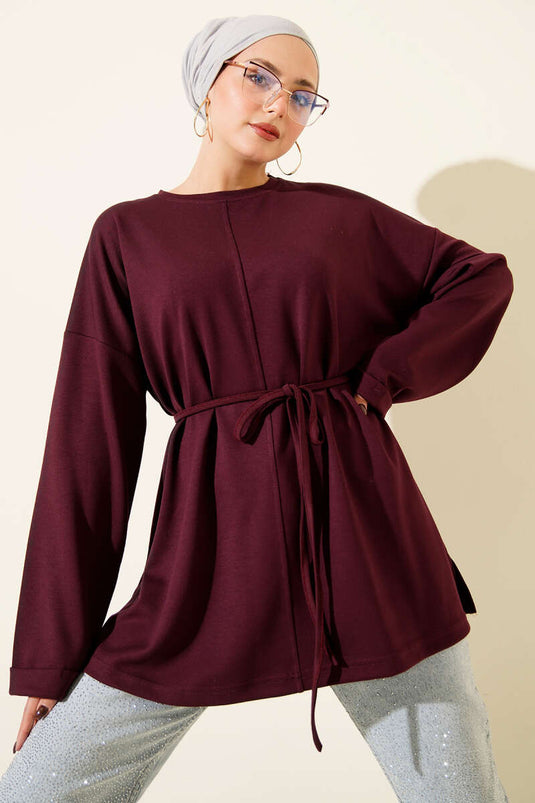 Bisiklet Yaka İp Kuşaklı Tunik Mürdüm