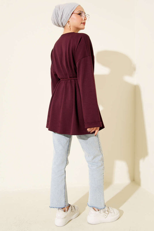 Bisiklet Yaka İp Kuşaklı Tunik Mürdüm