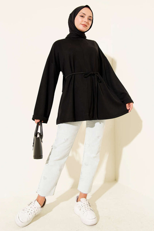 سترة طويلة برقبة دائرية ورباط، أسود