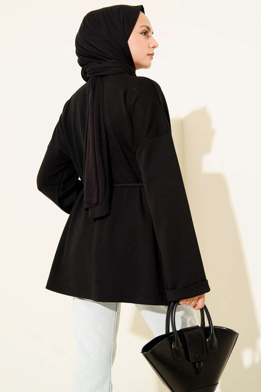 سترة طويلة برقبة دائرية ورباط، أسود