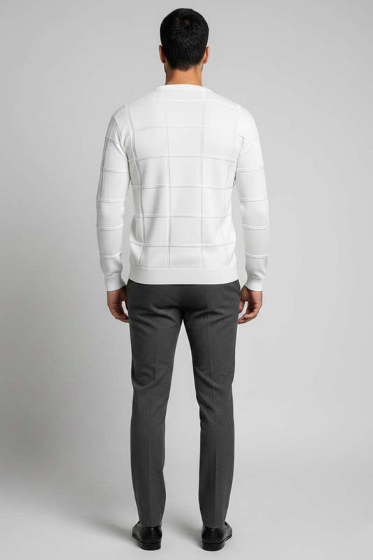 Bisiklet Yaka Kare Desenli Erkek Triko Kazak Beyaz