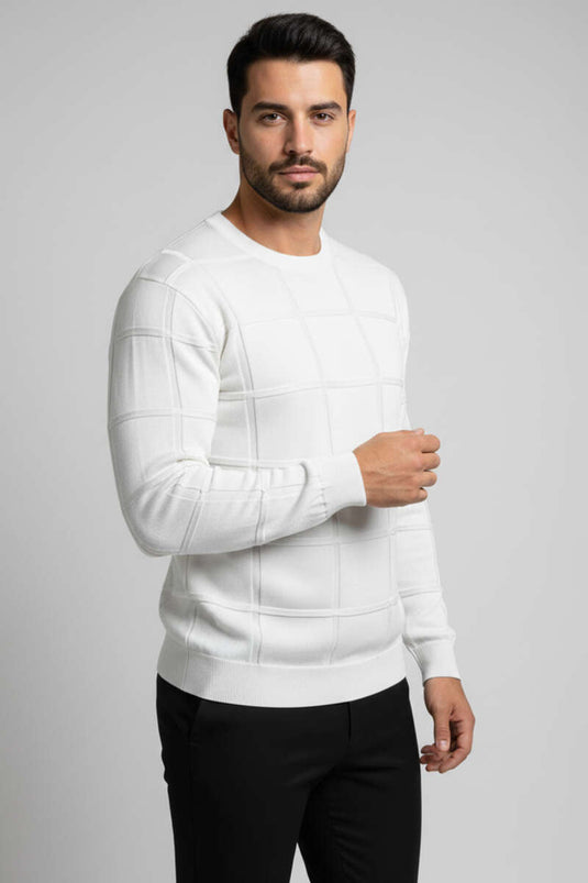 Bisiklet Yaka Kare Desenli Erkek Triko Kazak Beyaz