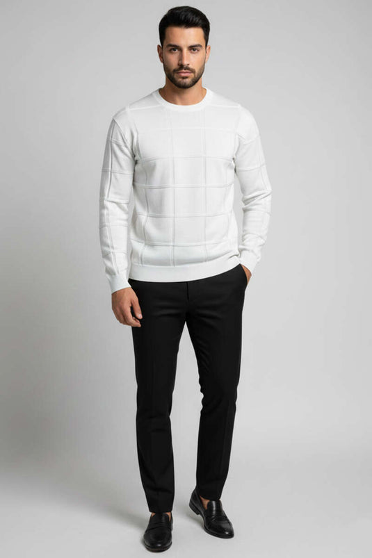 Bisiklet Yaka Kare Desenli Erkek Triko Kazak Beyaz