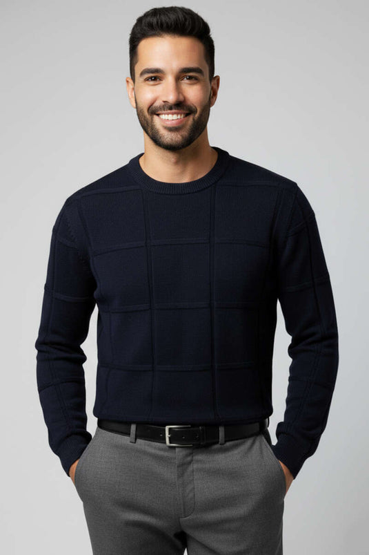 Crew Neck Square Patterned Men's Woolen Sweater Navy Blue