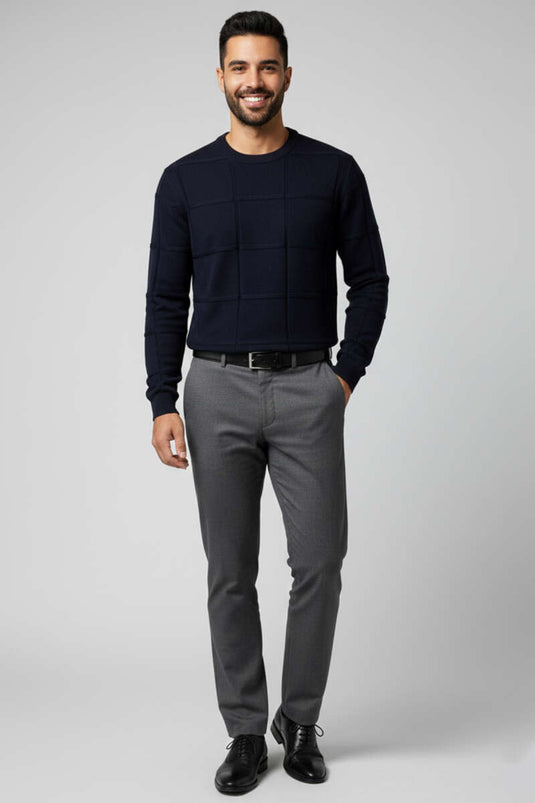 Crew Neck Square Patterned Men's Woolen Sweater Navy Blue