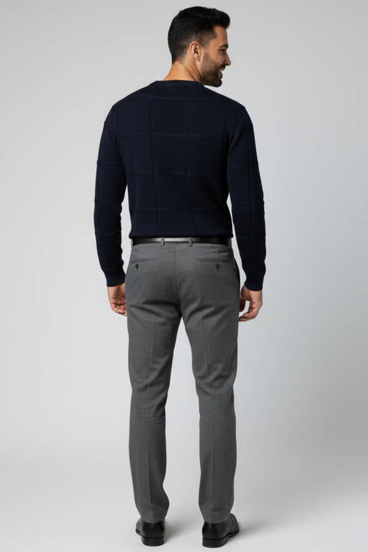 Crew Neck Square Patterned Men's Woolen Sweater Navy Blue