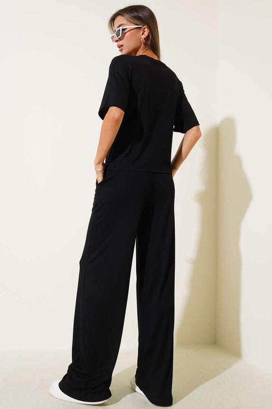 Crew Neck Short Sleeve Two-Piece Set Black