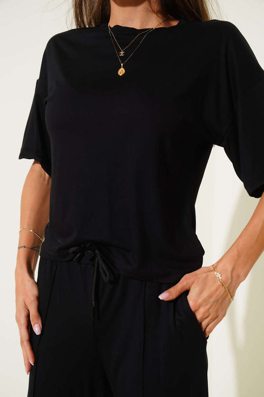 Crew Neck Short Sleeve Two-Piece Set Black