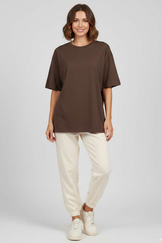 T-Shirt mit Rundhalsausschnitt und kurzen Ärmeln, Kaffee-Farbe