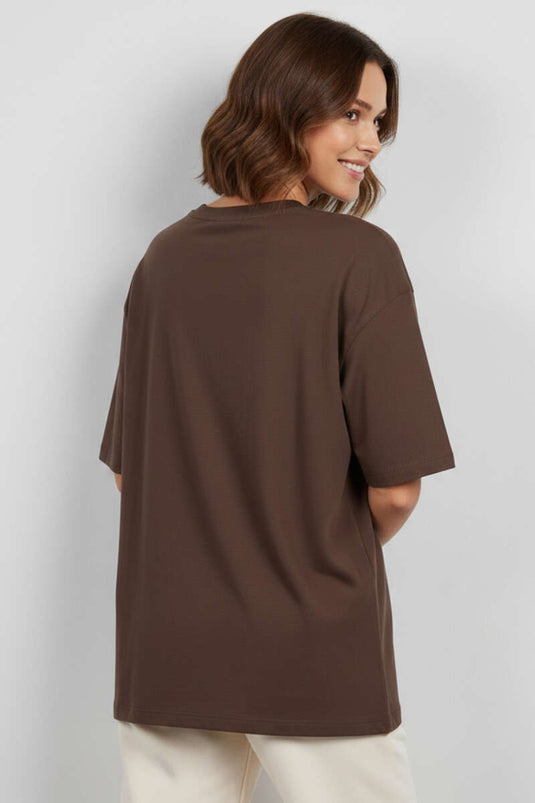 T-Shirt mit Rundhalsausschnitt und kurzen Ärmeln, Kaffee-Farbe