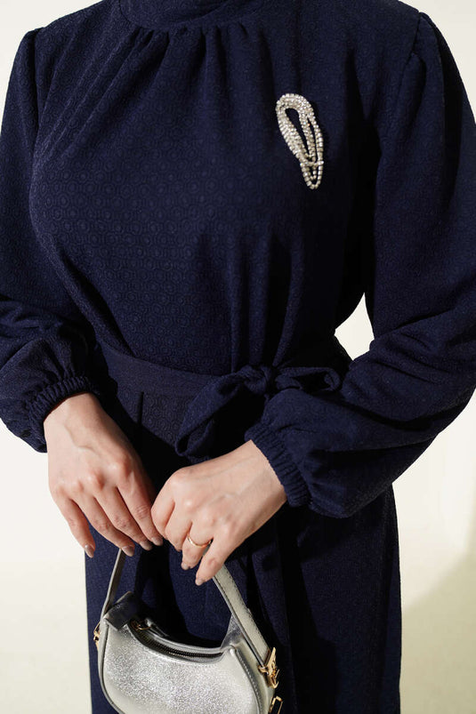 Abito a collo tondo con maniche elastiche blu scuro