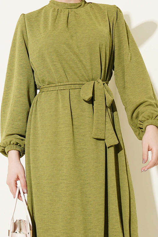 Crew Neck Long-Sleeve Dress with Elastic Cuffs in Olive Green