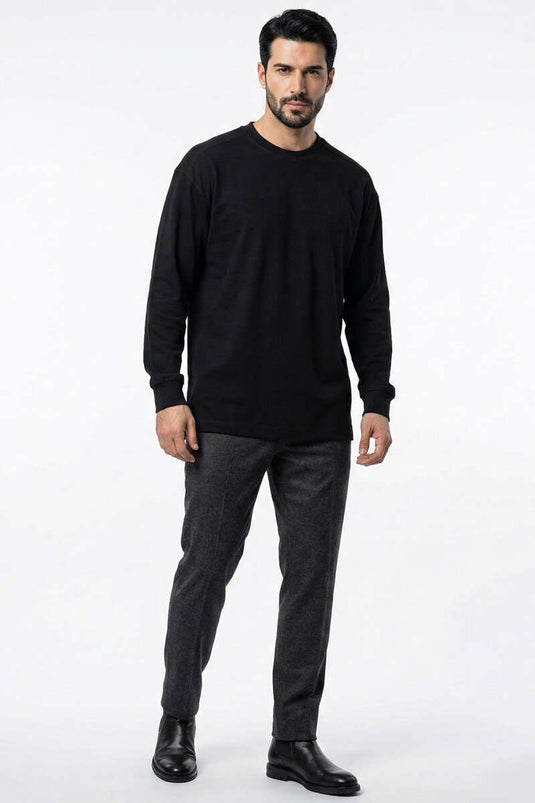 Bisiklet Yaka Kol Ribanalı Erkek Sweatshirt Siyah