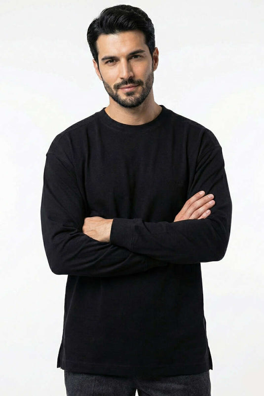 Bisiklet Yaka Kol Ribanalı Erkek Sweatshirt Siyah