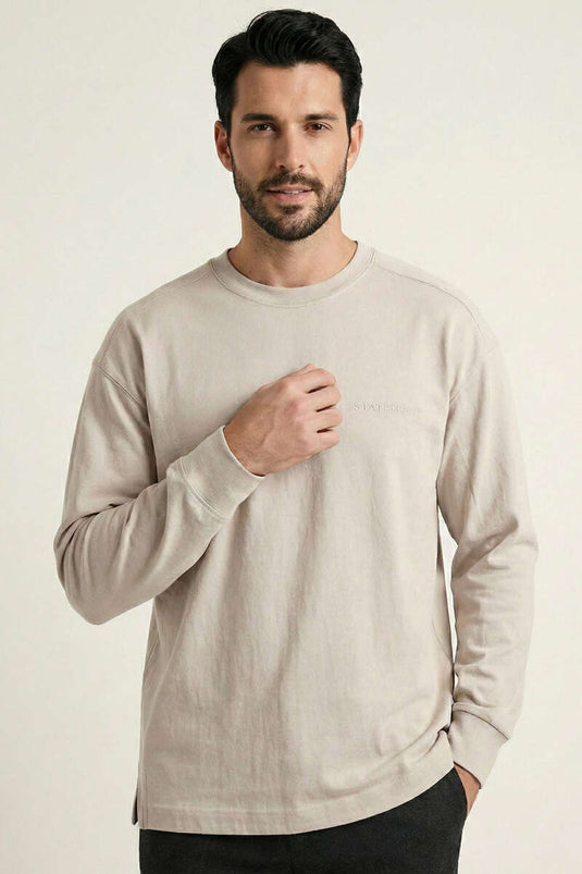Bisiklet Yaka Kol Ribanalı Erkek Sweatshirt Taş