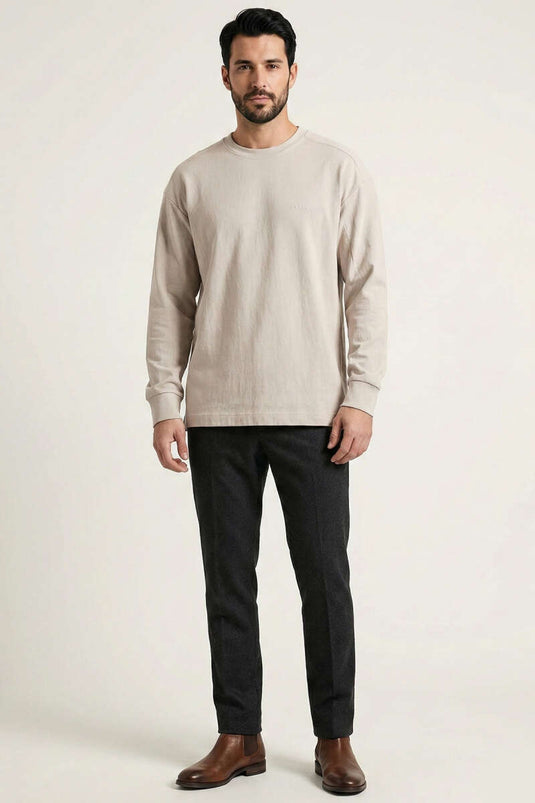 Bisiklet Yaka Kol Ribanalı Erkek Sweatshirt Taş