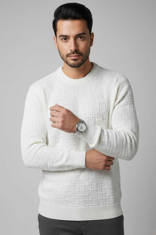 Bisiklet Yaka Labirent Desen Erkek Kazak Ekru