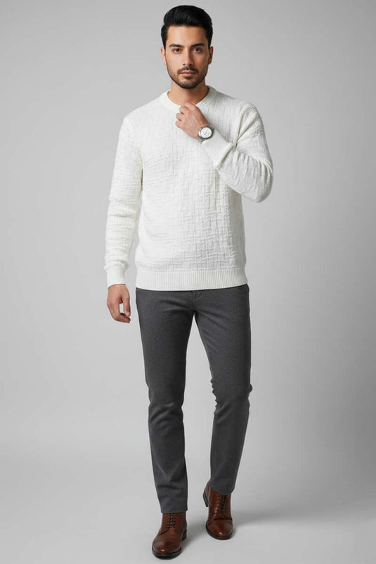 Bisiklet Yaka Labirent Desen Erkek Kazak Ekru